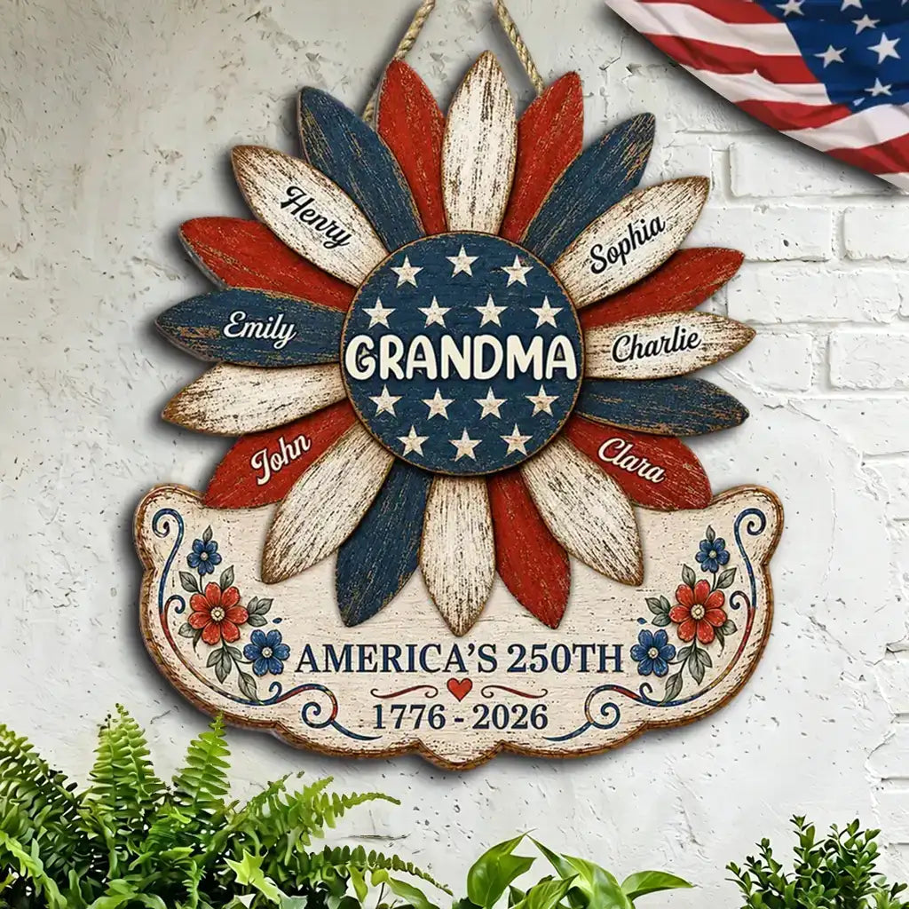 Personalized Patriotic Grandma Wooden Sign, Sunflower Family Decor, Unique Gift for Grandma
