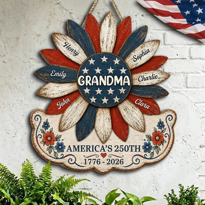 Personalized Patriotic Grandma Wooden Sign, Sunflower Family Decor, Unique Gift for Grandma