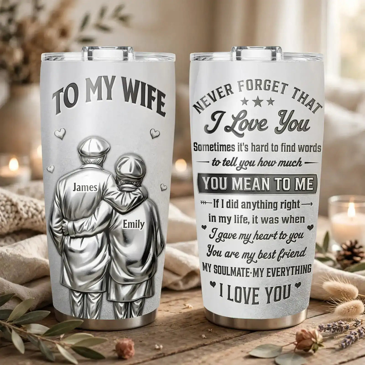 Insulated Travel Tumbler for Wife, Custom Hugging Couple Design, Creative Romantic Gift