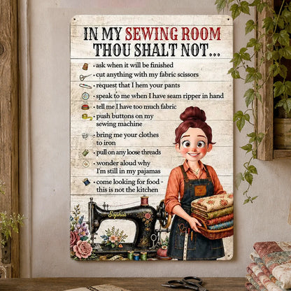 Personalized Rectangular Iron Sign, Sewing Room Rules, Smiling Sewing Girl Holding Fabric, Unique Gift for Crafters