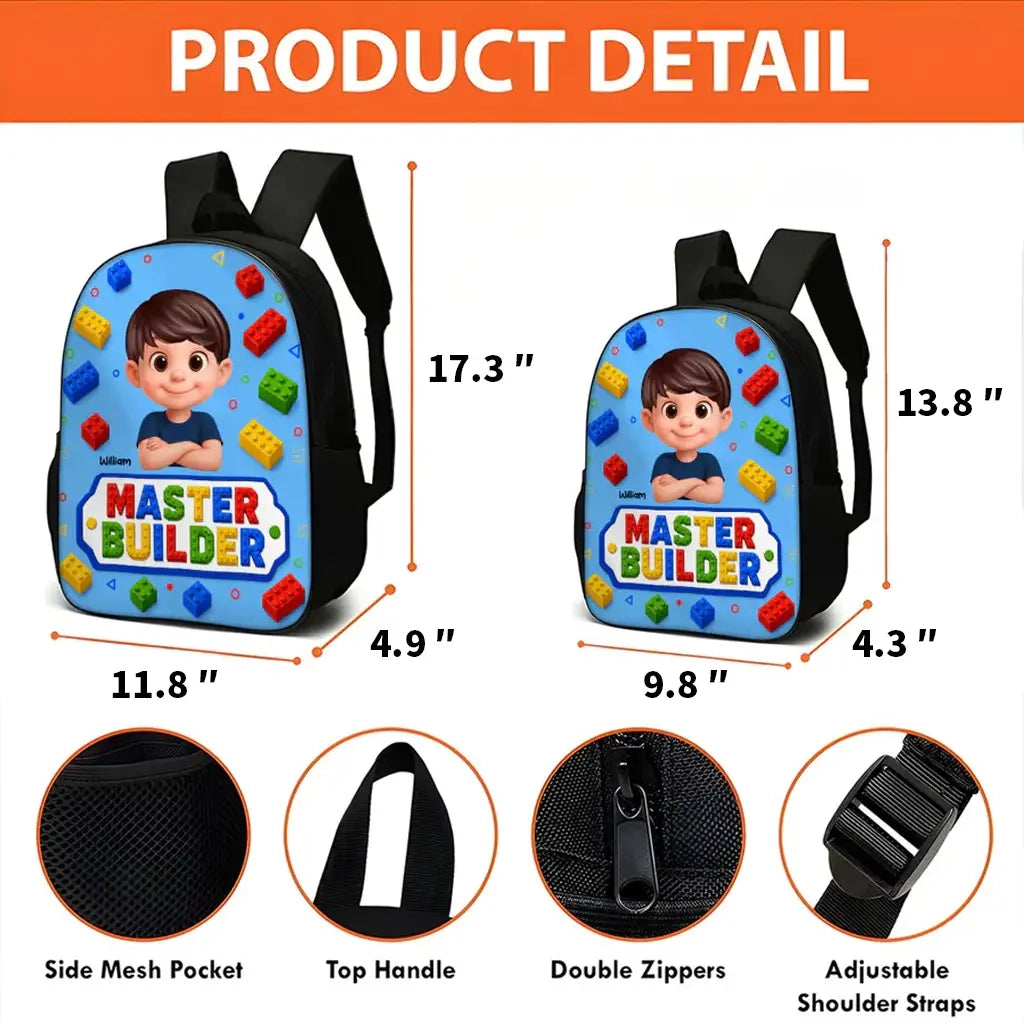 Personalized Kids School Backpack With Smiling Cartoon Child & Colorful Block Art, Creative Gift for Boys & Girls
