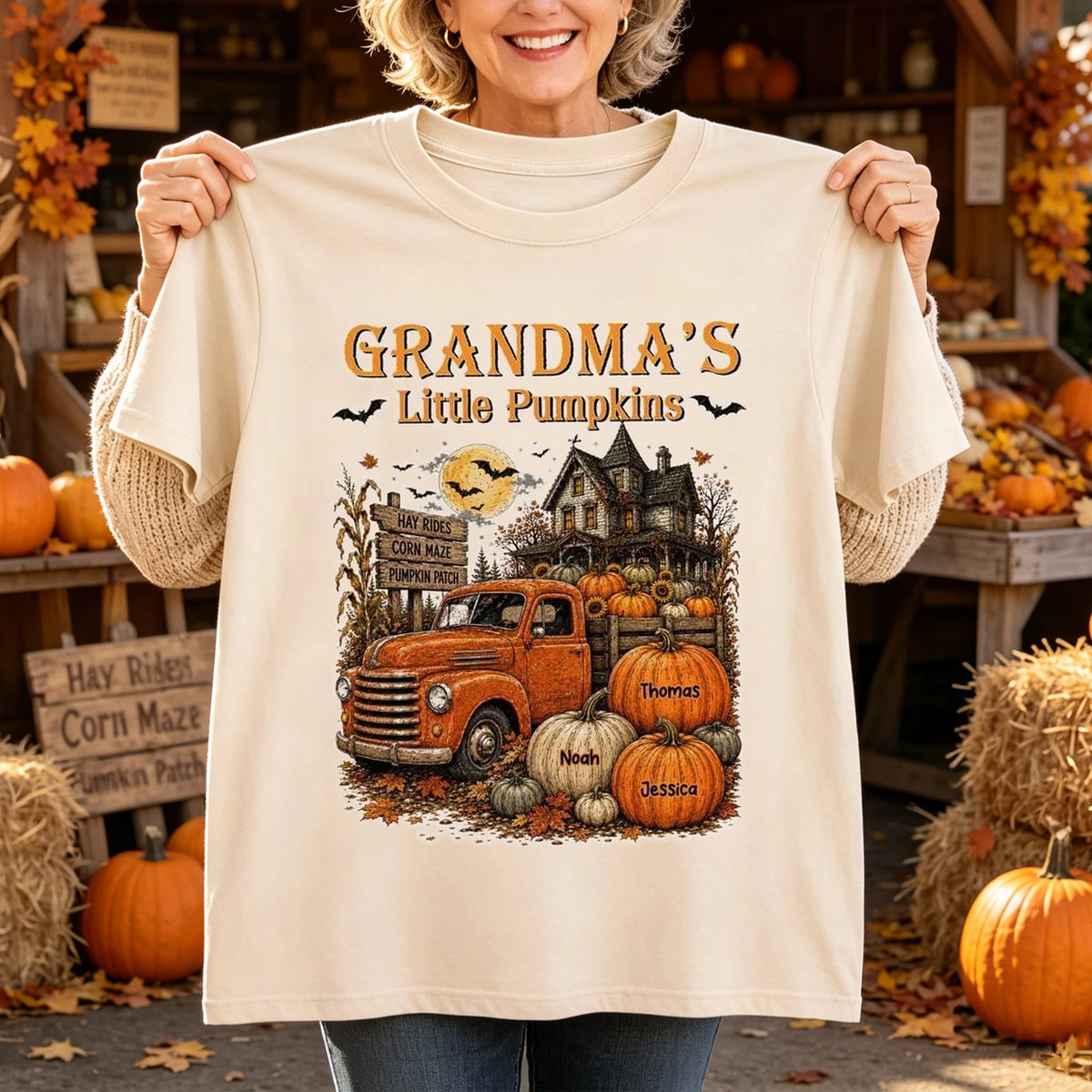 Personalized Classic Tee, Grandma's Little Pumpkins Vintage Truck, Unique Halloween Gift For Grandma