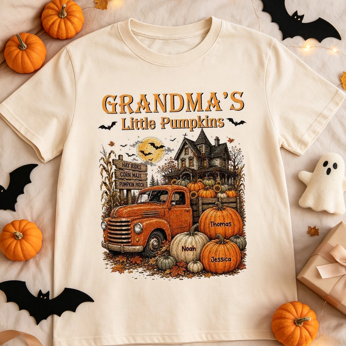 Personalized Classic Tee, Grandma's Little Pumpkins Vintage Truck, Unique Halloween Gift For Grandma