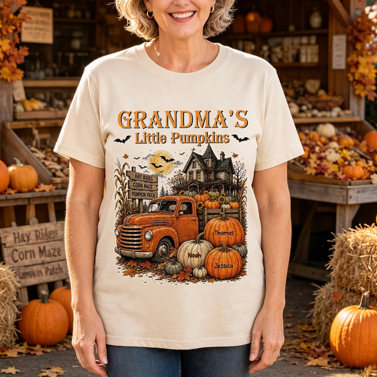 Personalized Classic Tee, Grandma's Little Pumpkins Vintage Truck, Unique Halloween Gift For Grandma