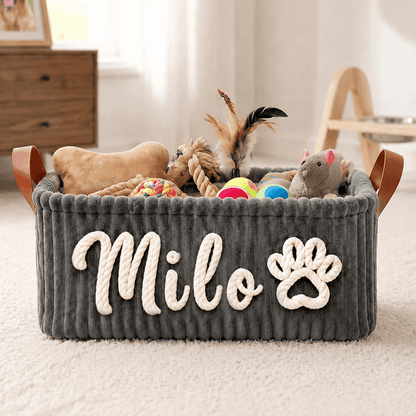 Crochet Corduroy Rope Basket, Custom Embroidered Effect Dog Toy Storage for Cozy Room, Unique Gift for Dog Mom