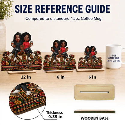Personalized 2-Layer Wooden Plaque, Sistas Cartoon Display With Coffee Cups, Unique Sister Gift