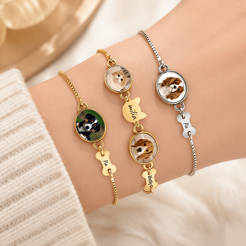 Personalized Pet Photo Bracelet with Name Charm, Custom Portrait Jewelry for Dogs, Cats & More