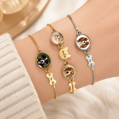 Personalized Pet Photo Bracelet with Name Charm, Custom Portrait Jewelry for Dogs, Cats & More