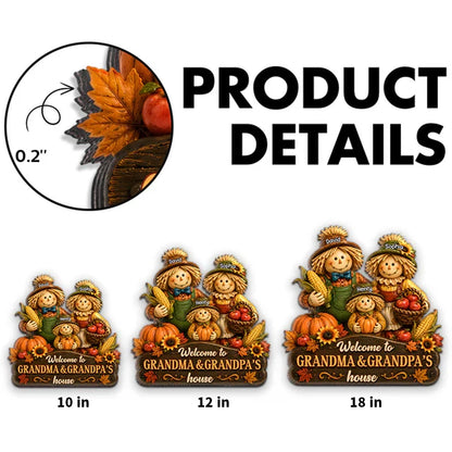 Personalized Wooden Sign with Scarecrow Family, Fall Door Decor, Unique Gift for Grandma & Grandpa