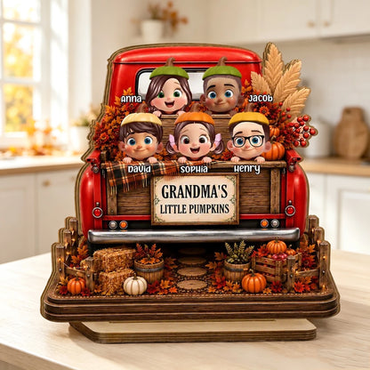 Personalized 2-Layer Wooden Plaque For Grandma, Grandkids Peeking In Fall Truck, Unique Creative Gift
