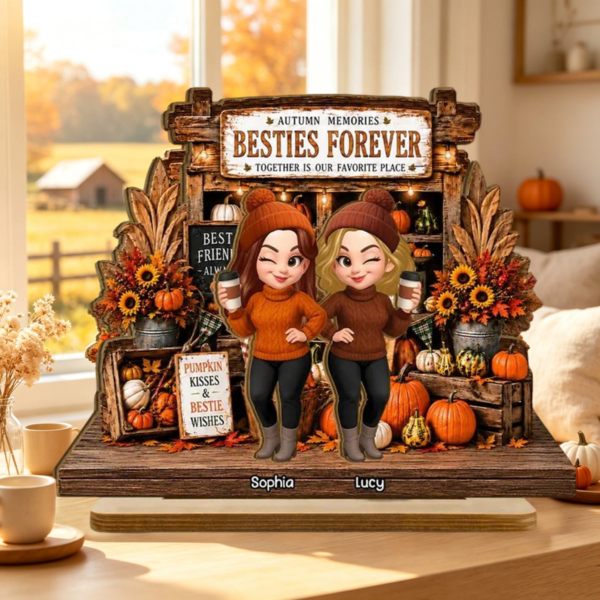 Custom Wooden Plaque, Besties Forever Friends Holding Coffee, Creative Friendship Gift For Fall Decor
