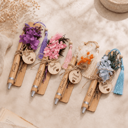 Personalized Wooden Pen & Bookmark Gift Set with Dried Flowers, Custom Engraved Thank You Gift for Teachers, Friends & Coworkers