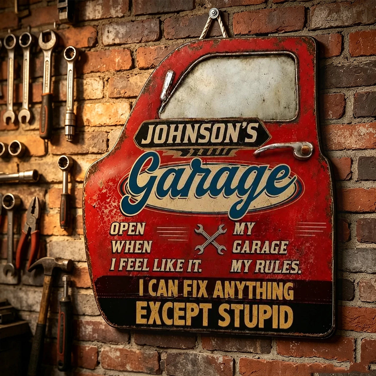 Personalized Wooden Sign, Vintage Red Garage Door Design, Unique Gift for Dad's Workshop