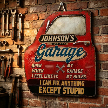 Personalized Wooden Sign, Vintage Red Garage Door Design, Unique Gift for Dad's Workshop