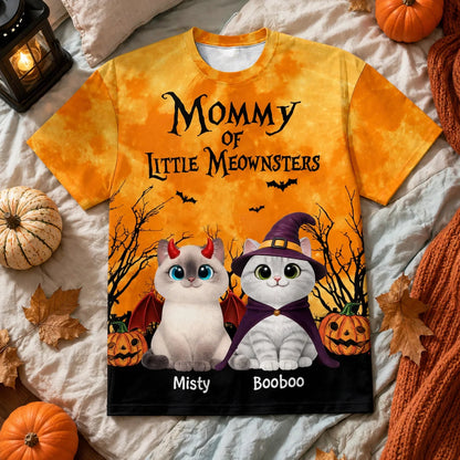 Personalized Printed Classic Tee for Cat Mom, Halloween Cats With Pumpkins & Bats, Unique Gift