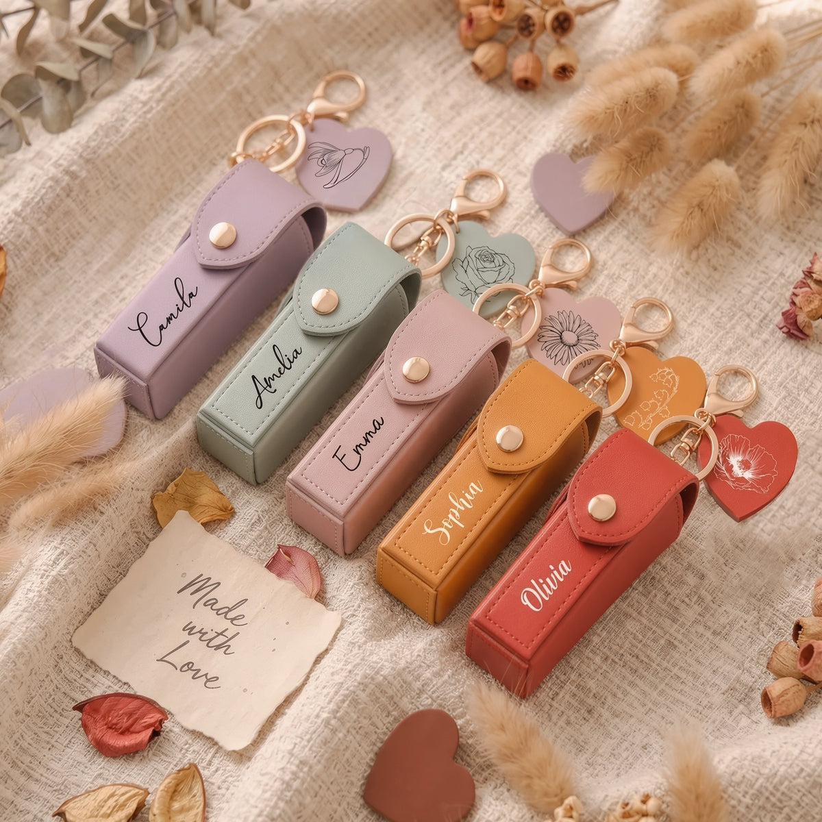Mirror Lipstick Case Keychain, Made with Love Floral Style, Creative Unique Gift for Mom & Bridesmaid