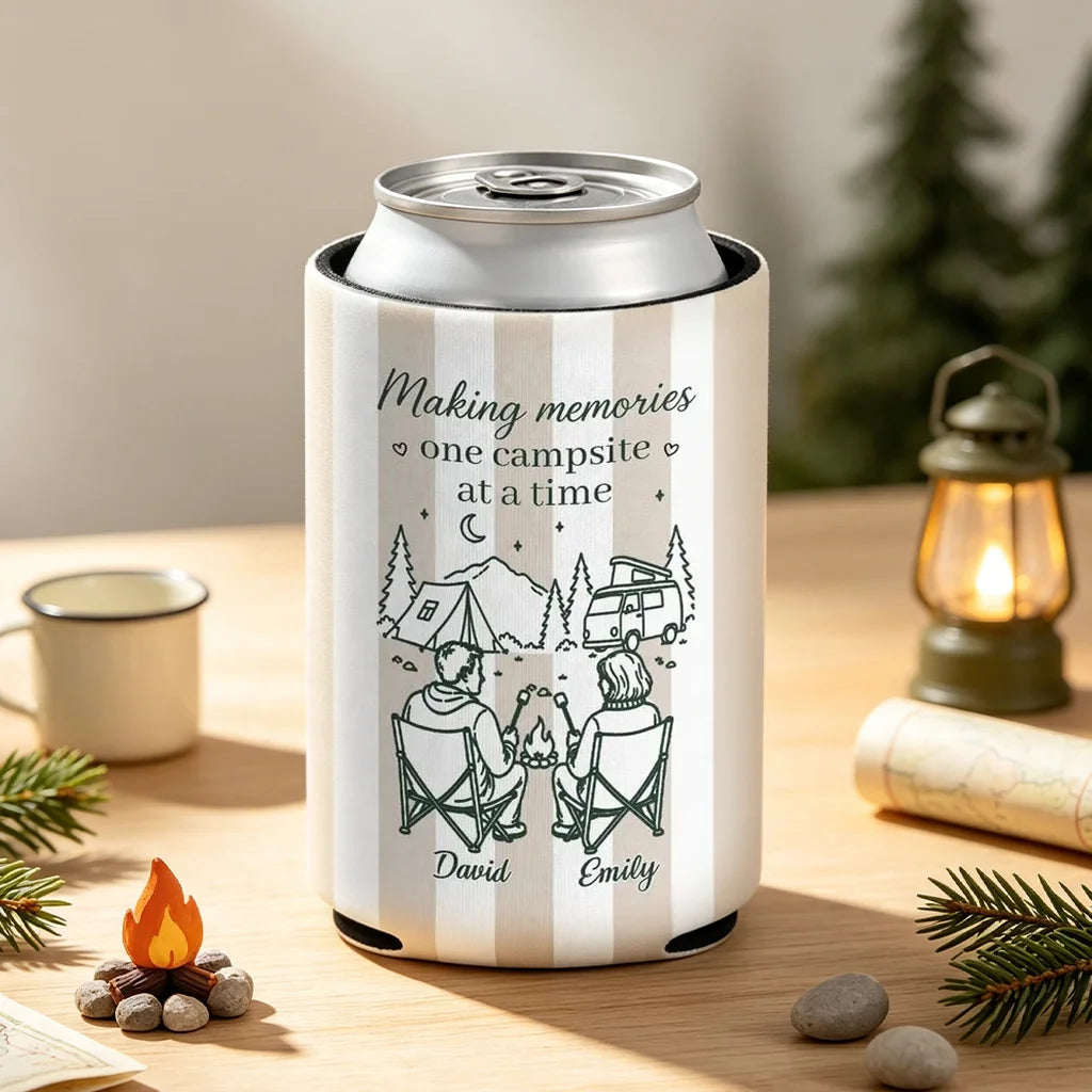 Neoprene Can Cooler, Custom Seated Campers by Campfire & Mountain Campsite, Unique Creative Gift for Couples