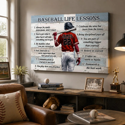 Personalized Baseball Life Lessons Canvas, Back-View Player Holding Bat, Unique Gift For Sports Fan