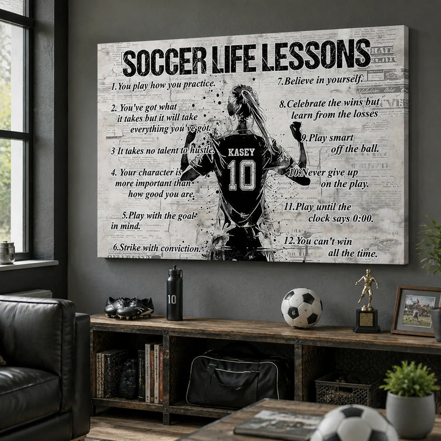 Soccer Life Lessons Personalized Canvas, Back View Player Art, Unique Gift for Soccer Player