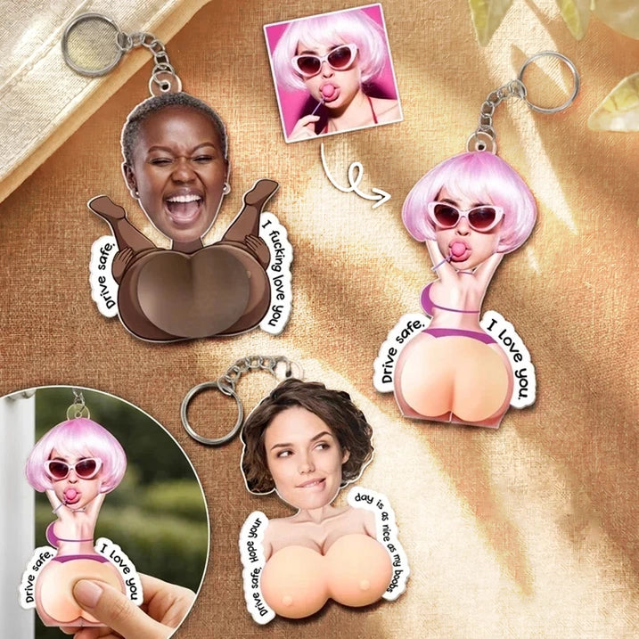Personalized Silicone Chest Acrylic Keychain, Cheeky Photo Style Unique Gift for Partner
