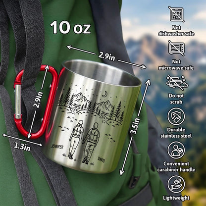 Custom Adventure Partners Stainless Steel Carabiner Mug, Personalized Couple Gift, Multiple Handle Colors