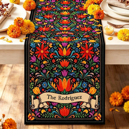 Personalized Table Runner, Vibrant Mexican Folk Floral Tablescape, Unique Housewarming Gift for Family