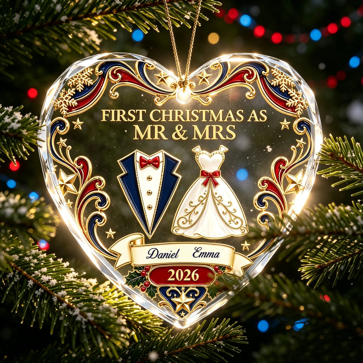 Crystal Heart Ornament with Wedding Attire, Personalized Mr & Mrs Keepsake, Creative Gift for Couples