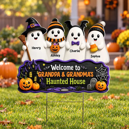 Personalized Shaped Yard Sign with Cute Ghost Family and Haunted House, Unique Gift for Grandparents
