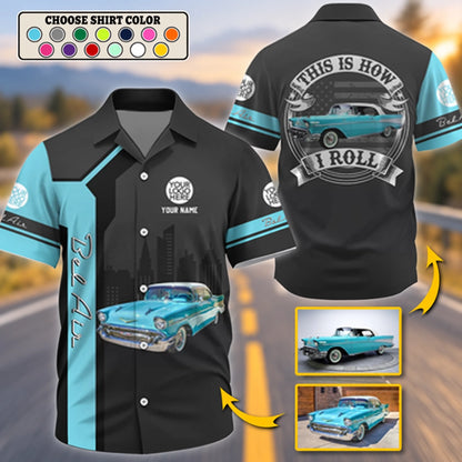 Personalized Hawaiian Shirt, Custom Classic Car Print, Black & Turquoise, Unique Gift for Car Enthusiast