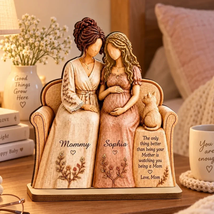 Personalized 2-Layer Wooden Plaque, Seated Mother and Pregnant Daughter, Heartfelt Creative Gift for New Mom