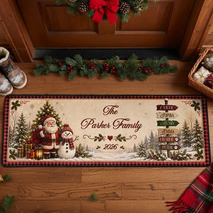 Personalized Premium Doormat, Santa Holding Gifts with a Snowman in a Snowy Forest, Unique Christmas Gift