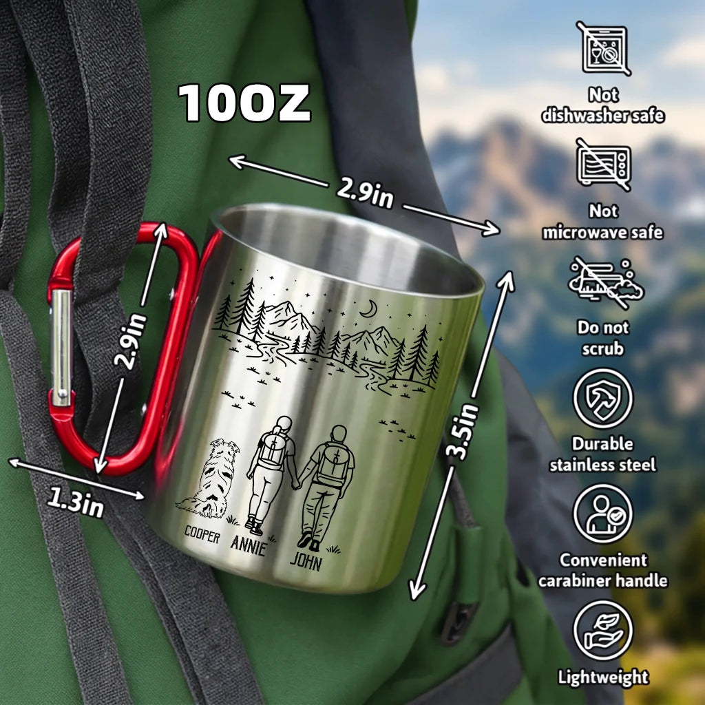 Custom Couple & Pet Carabiner Mug, Add No Pet or Multiple Pets, Personalized Hiking Camping Cup with Names, Outdoor Gift for Couples