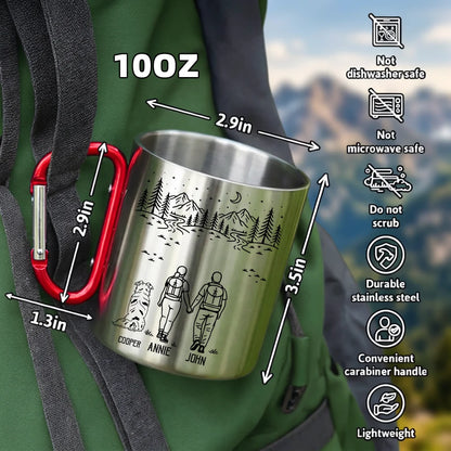 Custom Couple & Pet Carabiner Mug, Add No Pet or Multiple Pets, Personalized Hiking Camping Cup with Names, Outdoor Gift for Couples