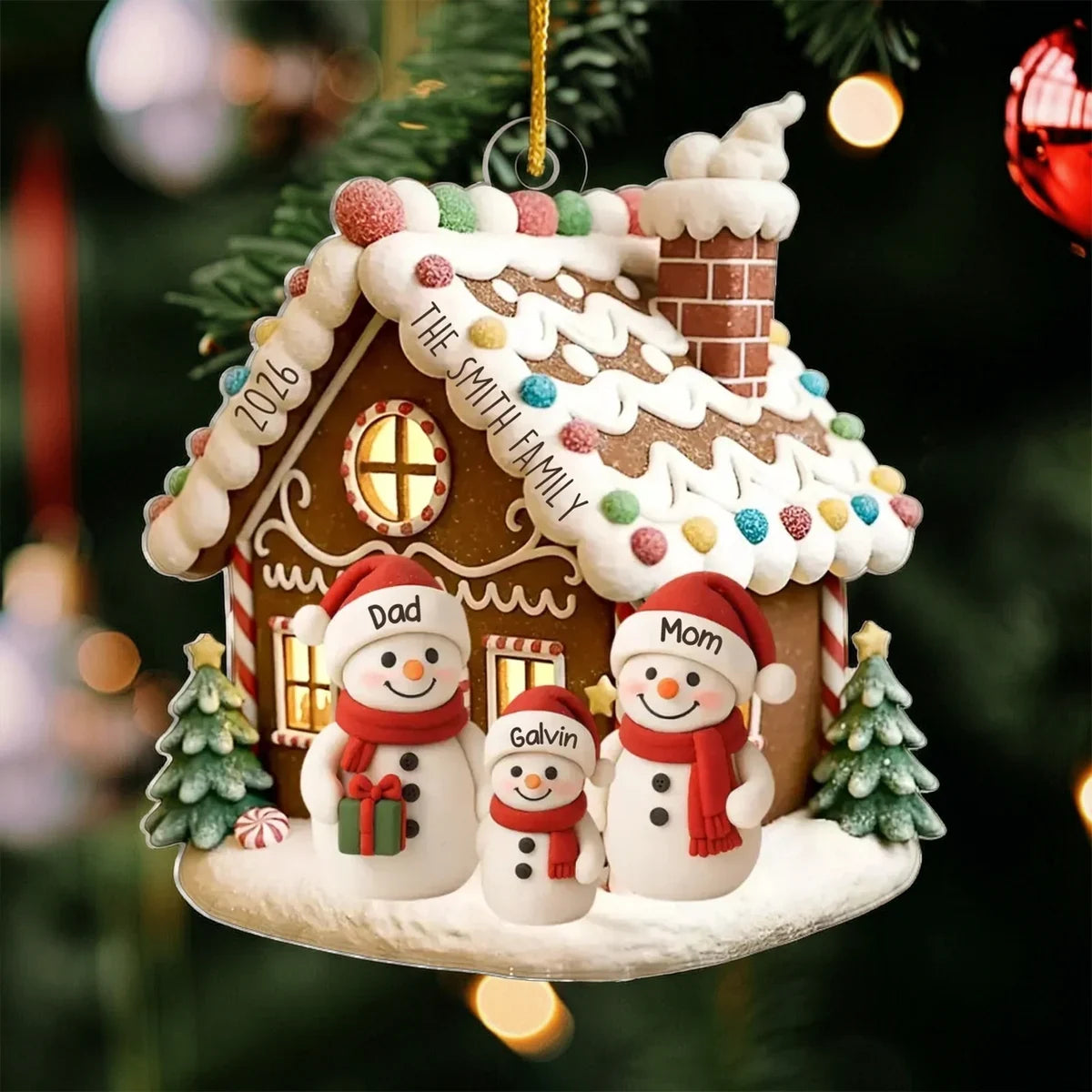 Personalized Acrylic Ornament, Snowman Family by a Gingerbread House, Unique Christmas Gift for Family