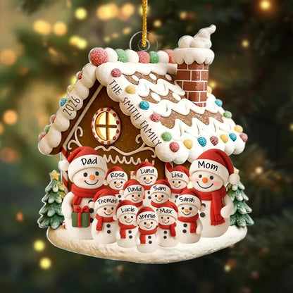 Personalized Acrylic Ornament, Snowman Family by a Gingerbread House, Unique Christmas Gift for Family