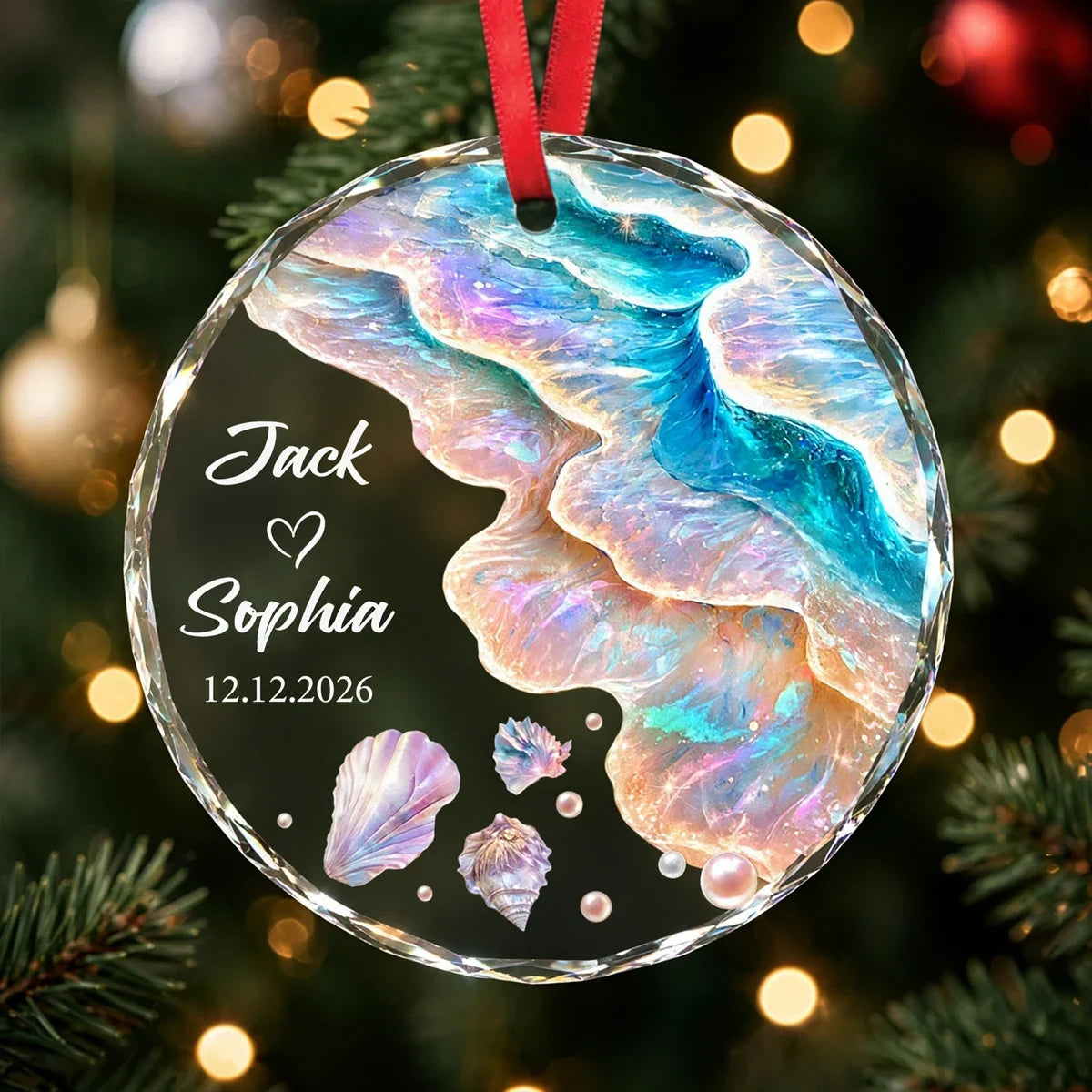 Personalized Crystal Ornament, Iridescent Ocean Waves and Seashells for Christmas Tree, Unique Gift for Newlyweds