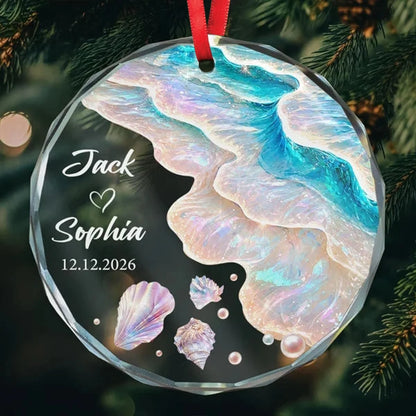 Personalized Crystal Ornament, Iridescent Ocean Waves and Seashells for Christmas Tree, Unique Gift for Newlyweds