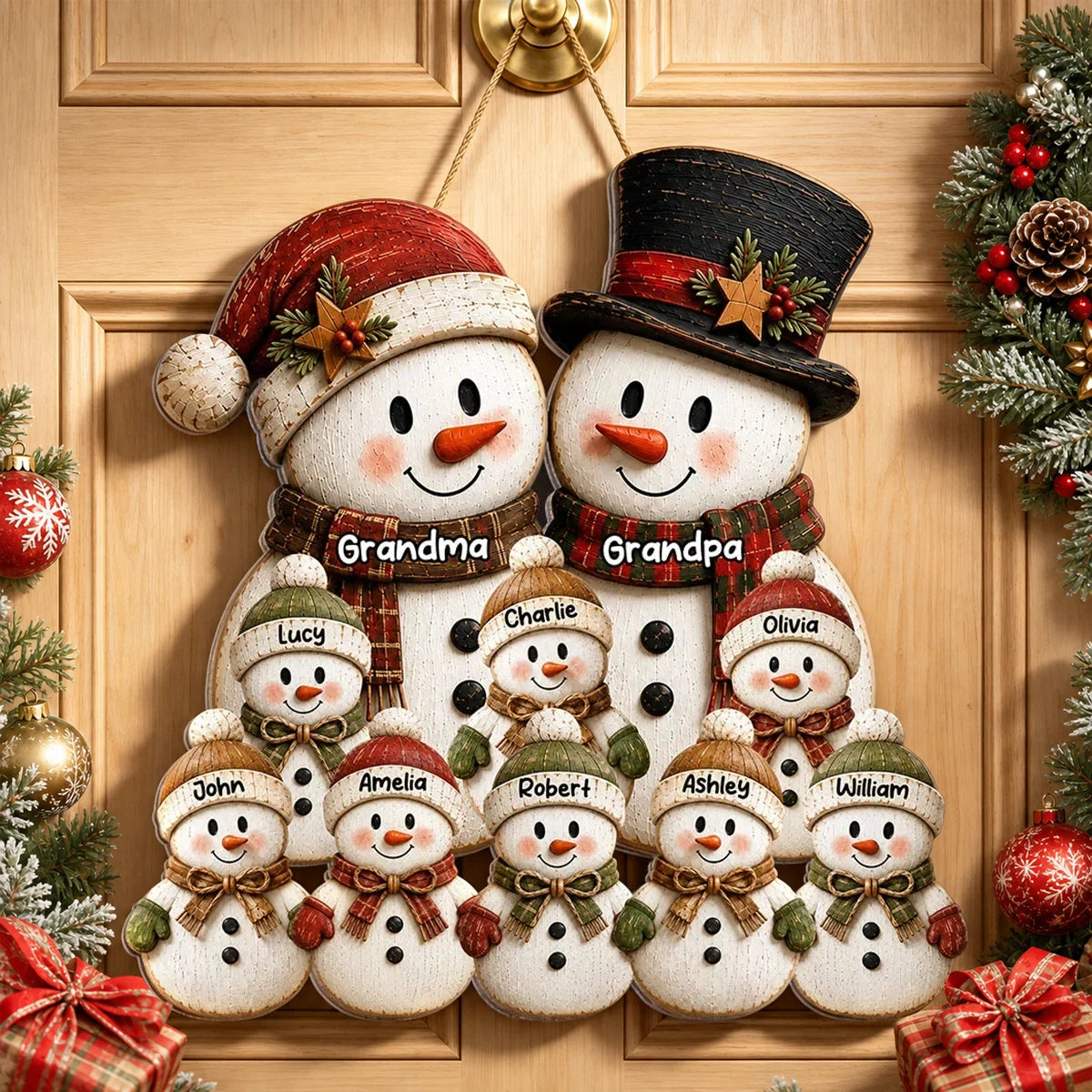 Personalized Wooden Sign, Heartwarming Grandparents and Grandkids Snowman Scene, Creative Family Gift