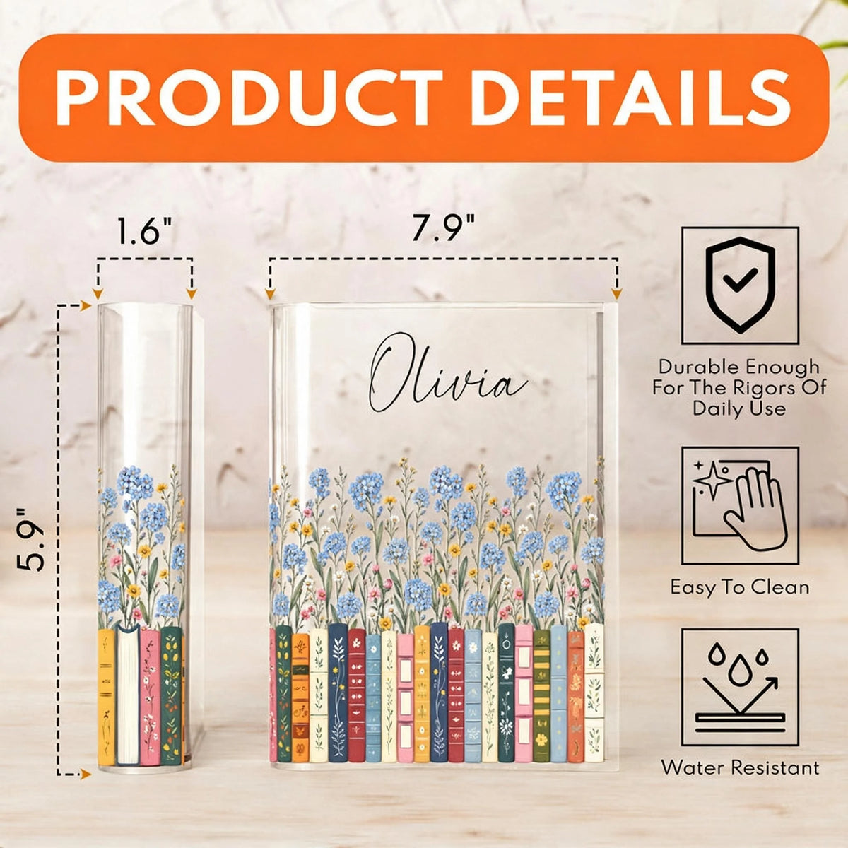 Personalized Acrylic Book Vase, Pastel Floral Bookshelf Decor, Unique Gift for Book Lovers