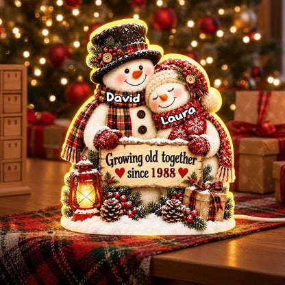 Growing Old Together Acrylic Light Box, Personalized Hugging Snowman Couple with Warm Glow, Creative Gift for Husband or Wife