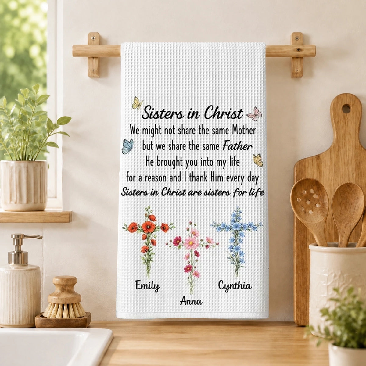 Personalized Kitchen Towel, Floral Crosses & Butterflies, Sisters in Christ, Unique Faith Gift for Sister