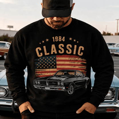 Personalized Retro Classic Car Sweatshirt, Hoodie or T-Shirt with Custom Car Photo, Year & Flag, Vintage Garage Gift for Dad or Husband