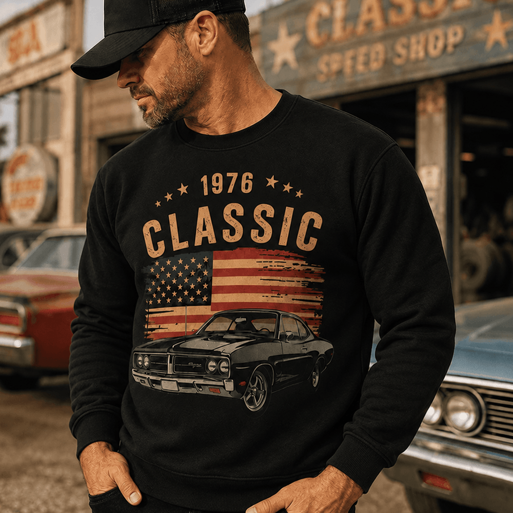 Personalized Retro Classic Car Sweatshirt, Hoodie or T-Shirt with Custom Car Photo, Year & Flag, Vintage Garage Gift for Dad or Husband