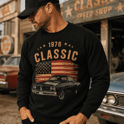 Personalized Retro Classic Car Sweatshirt, Hoodie or T-Shirt with Custom Car Photo, Year & Flag, Vintage Garage Gift for Dad or Husband