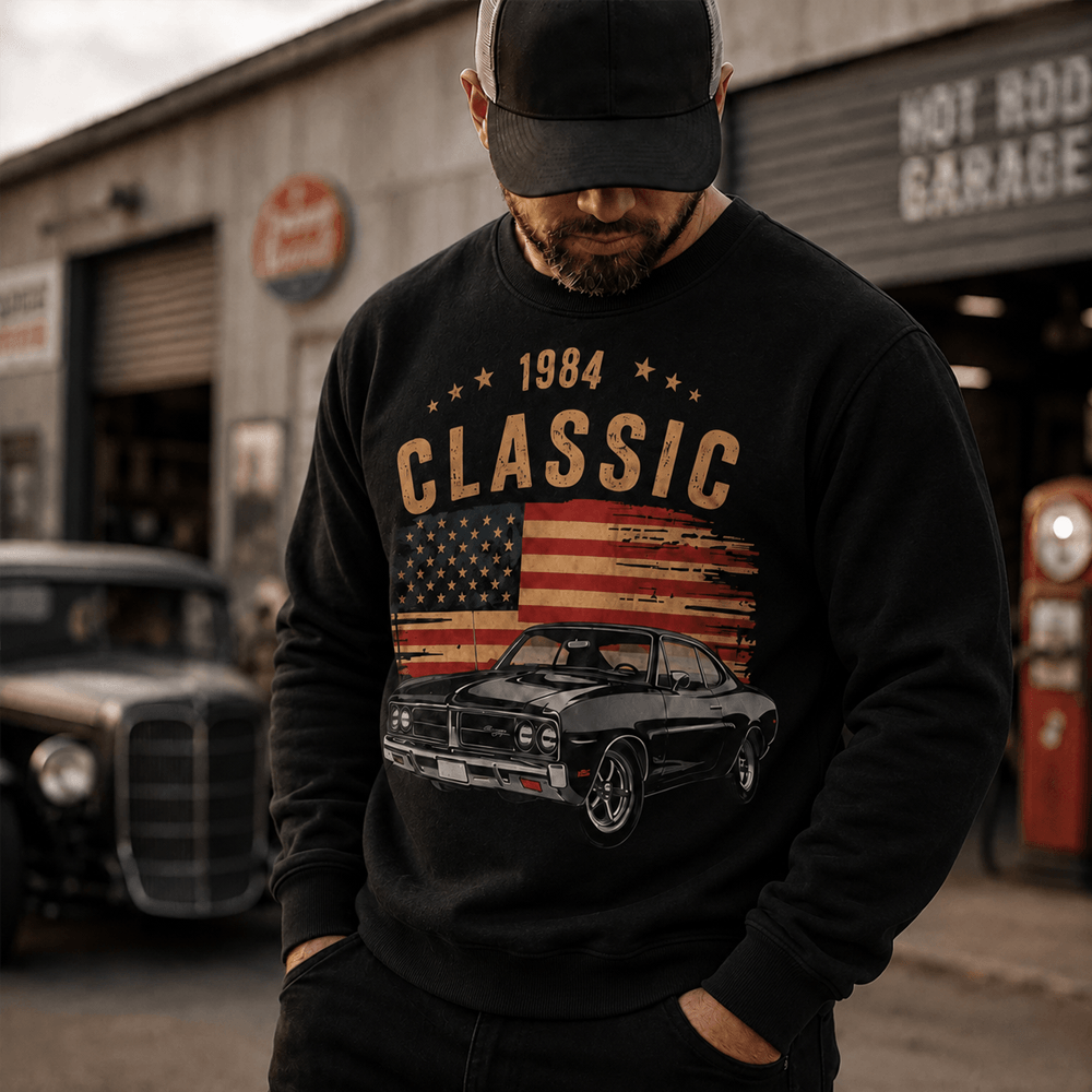 Personalized Retro Classic Car Sweatshirt, Hoodie or T-Shirt with Custom Car Photo, Year & Flag, Vintage Garage Gift for Dad or Husband