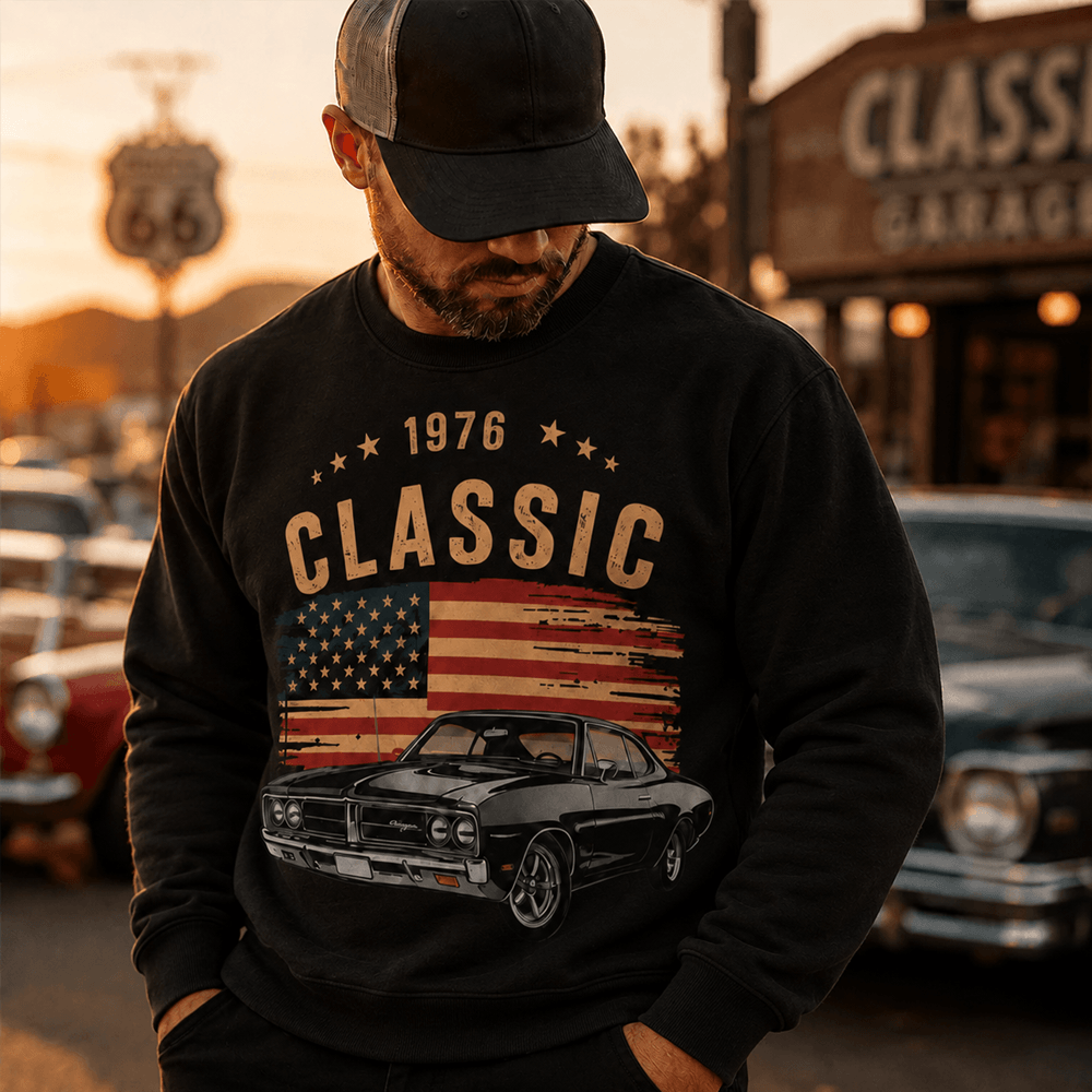 Personalized Retro Classic Car Sweatshirt, Hoodie or T-Shirt with Custom Car Photo, Year & Flag, Vintage Garage Gift for Dad or Husband