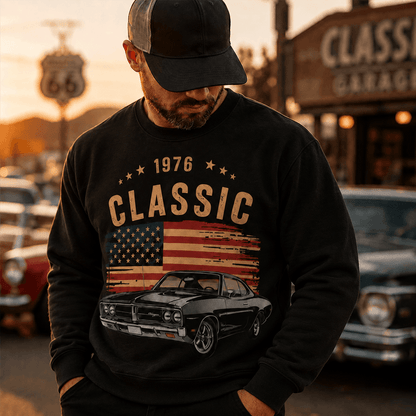 Personalized Retro Classic Car Sweatshirt, Hoodie or T-Shirt with Custom Car Photo, Year & Flag, Vintage Garage Gift for Dad or Husband