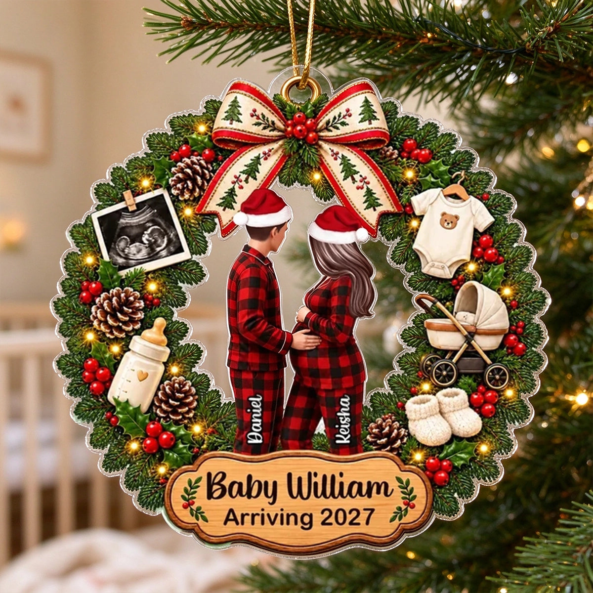Personalized Acrylic Ornament, Embracing Expecting Couple in Christmas Wreath, Unique Gift for Parents to Be