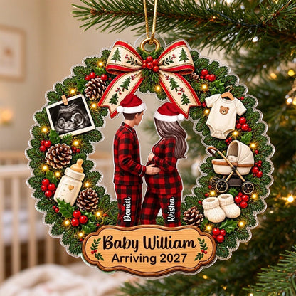 Personalized Acrylic Ornament, Embracing Expecting Couple in Christmas Wreath, Unique Gift for Parents to Be