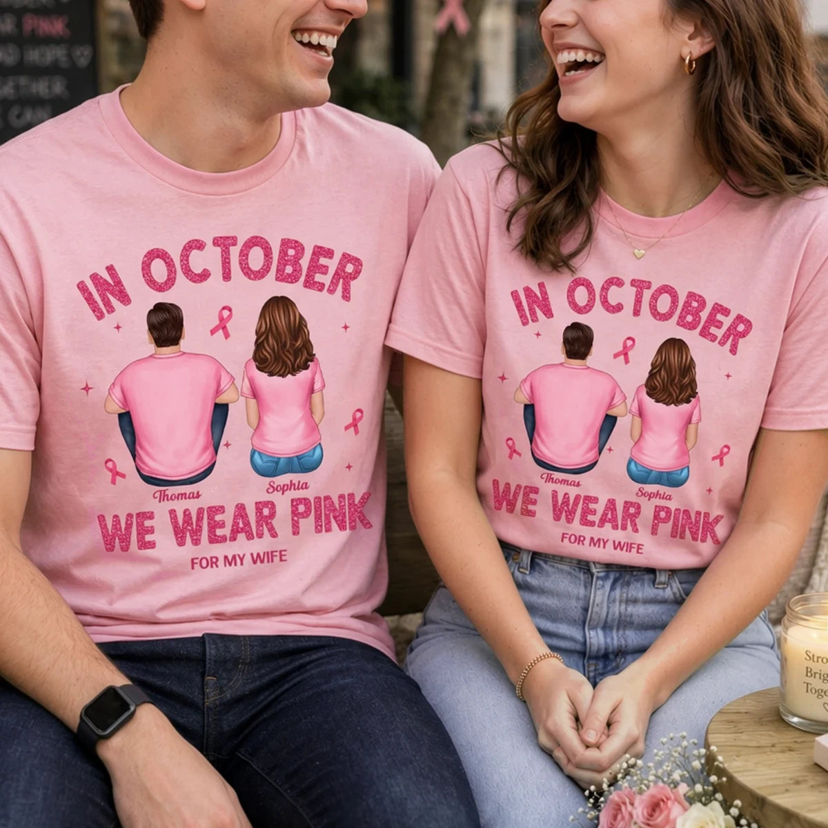 Personalized Classic Tee, Seated Couple in Pink October Design, Unique Breast Cancer Support Gift for Wife